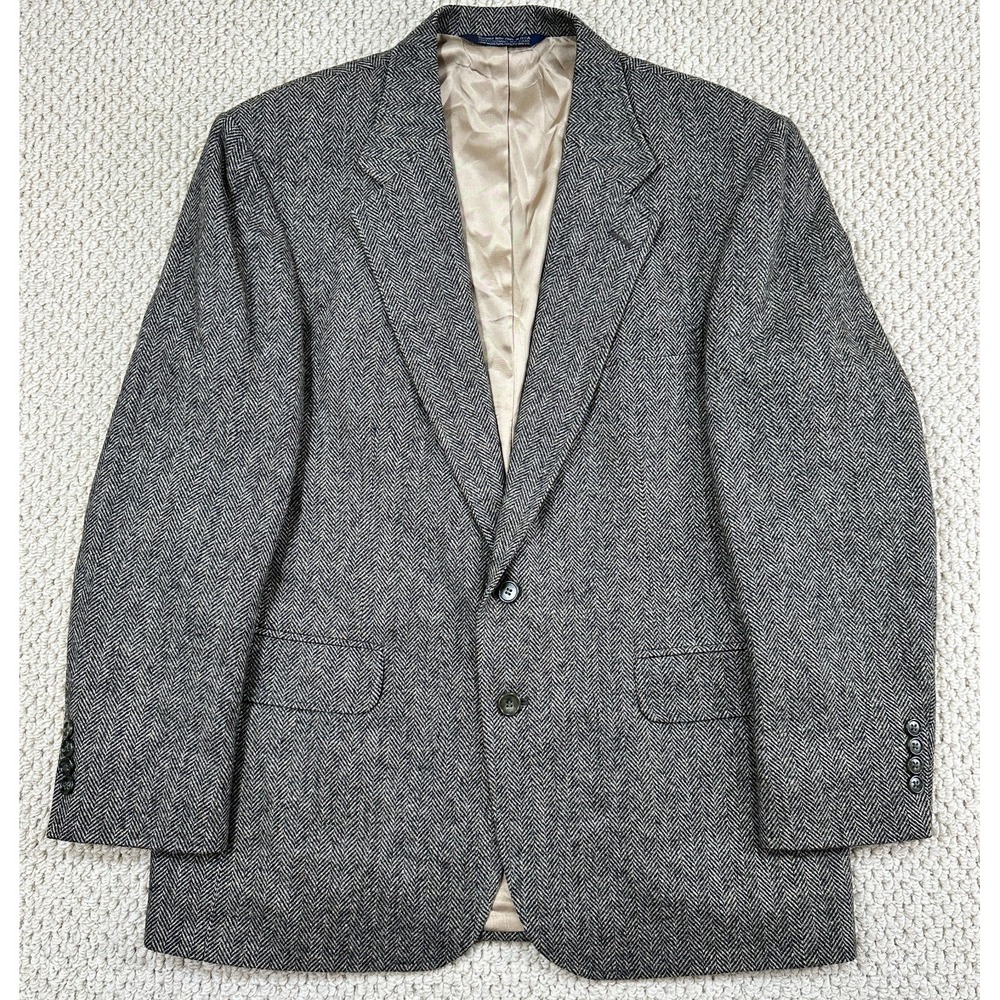 Lands End Tweed Blazer Mens 43R Brown Herringbone Lambswool Wool Sport Coat EUC